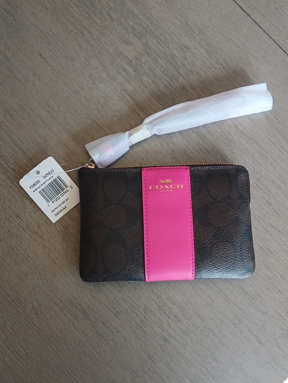 COACH Signature Leather Zip Pouch with Bright Fuchsia Accent